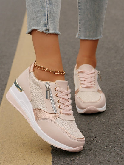 Fashion Thick Bottom Silver Sneakers Women 2025 Spring Wedge Heel Vulcanized Shoes Woman Comfortable Lace Up Sport Sneaker Mujer