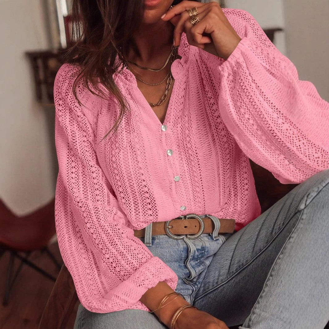 2025 Spring and Autumn Long Sleeve Women's Shirt Loose Fashion All-Match Hollow Lace V-neck Single Breaked Blouses