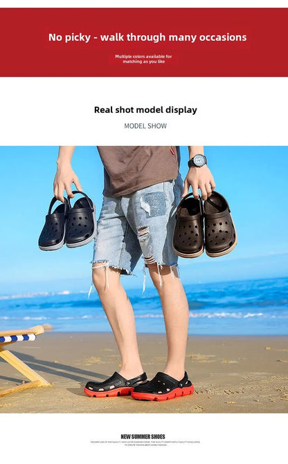 2024 Summer Plus Size Hollow Out Sandals Men's Breathable Slippers Trendy Thick Base Slip-On Beach Shoes Men's Footwear