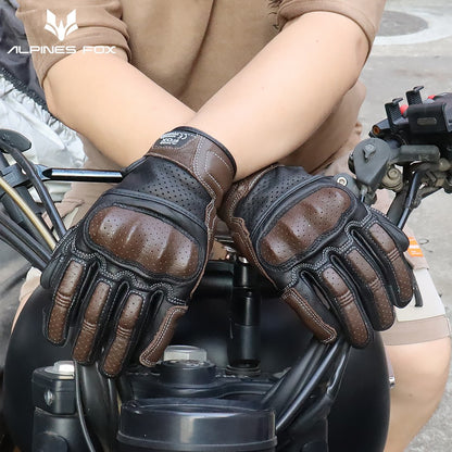 Luvas de Couro Perfurado Retrô de Verão para Motocicleta Masculino Feminino Luvas de Dedo Completo para Motocross Motoqueiro Guantes Moto Equipamento M-XXL