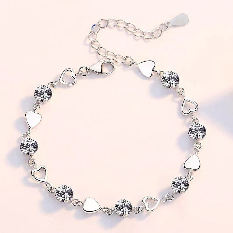 Pulseira de Luxo Coração Vazado Prata 925 Zircônia para Mulheres Joias de Festa Presentes de Moda Coreana Doce e Estilosa