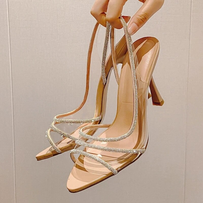 Sapatos de Salto Femininos com Strass e Tira Traseira para o Verão, Sandálias Transparentes de Salto Alto para Escritório, Bico Fino Elegante, Salto Alto Sexy Feminino