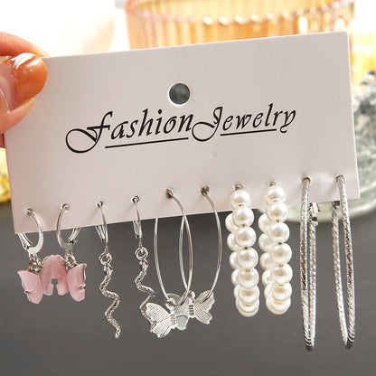 Brincos Grandes de Argola Redonda Cor Prata com Pérolas para Mulheres e Meninas, Brincos Pendentes de Cobra e Borboleta, Conjunto de Joias Y2K Femininas