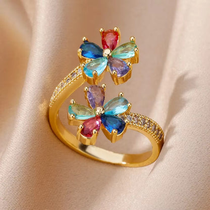 Anéis de Luxo em Aço Inoxidável Banhado a Ouro Pedra Colorida Zircônia Cristal Coração Anel Feminino Casamento Joias Boho Presente de Natal