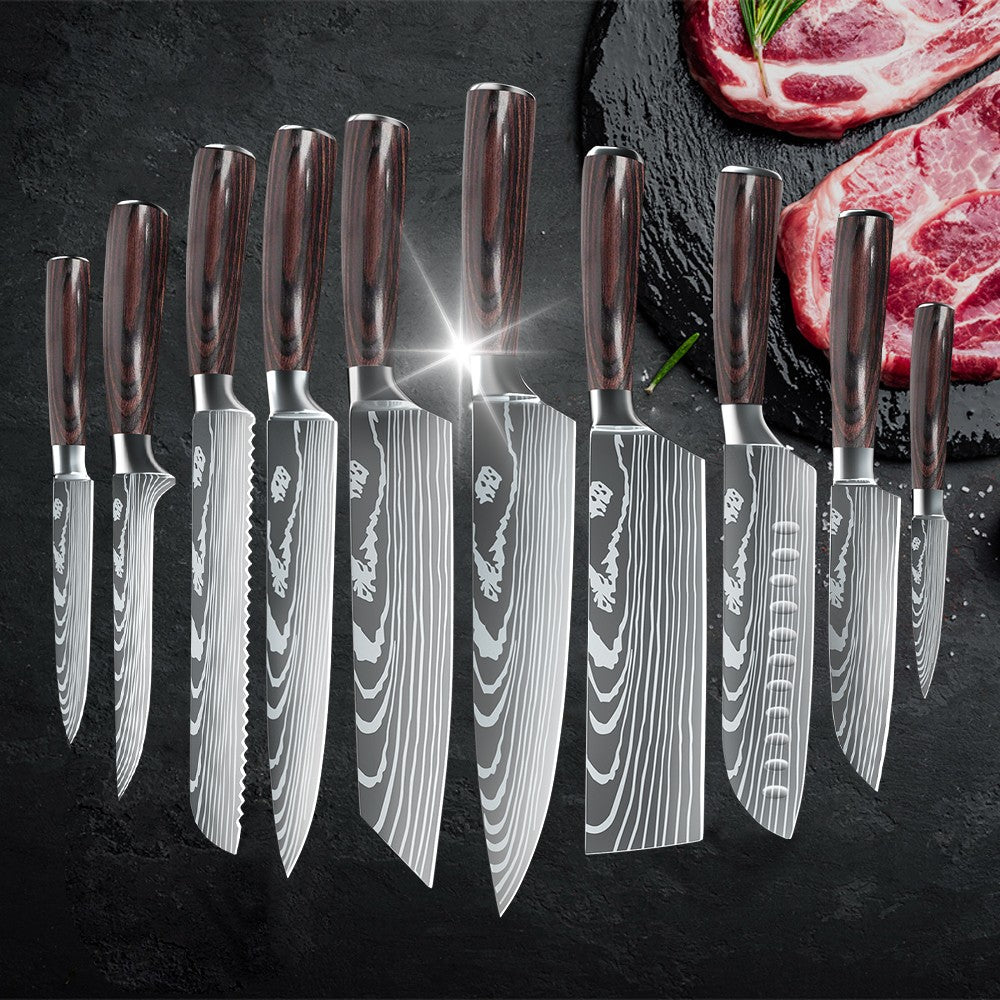 MDHAND 1-10PCS Chef knife Japanese Kitchen Knives Set Professional Laser Damascus Pattern Stainless Steel Cleaver Slicer Knife