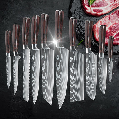 MDHAND 1-10PCS Chef knife Japanese Kitchen Knives Set Professional Laser Damascus Pattern Stainless Steel Cleaver Slicer Knife