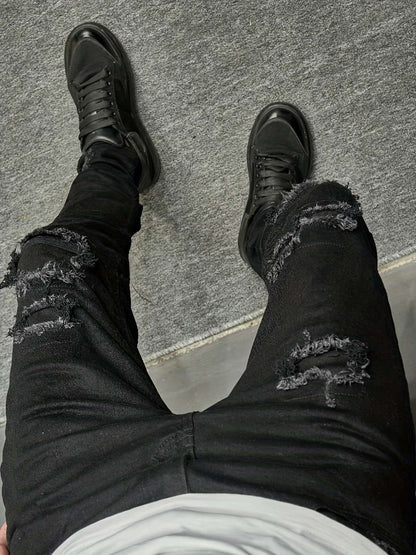 Men's slim fit jeans with torn holes, fabric patch, small feet, tight fitting denim pants