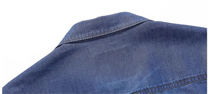 Men Multi pockets Blue Denim Shirts New Summer Male Short Sleeve Tooling Shirts High Quality Men Cotton Casual Jeans Shirts 4XL