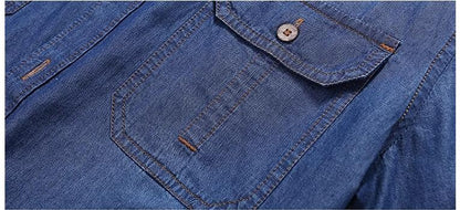 Men Multi pockets Blue Denim Shirts New Summer Male Short Sleeve Tooling Shirts High Quality Men Cotton Casual Jeans Shirts 4XL
