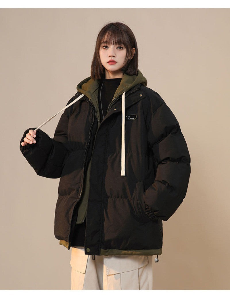 Korean Version New Fashion Letter Patch Fake Two Piece Cotton-padded Jacket Y2K Harajuku Vintage Thick Bread Loose Student Coats