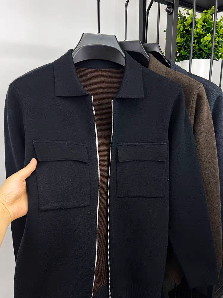 Premium Zipper Collar Wool Cardigan Men's Casual Coat Autumn/Winter Luxury Pocket Design Solid Color Casual Warm Sweater Jacket