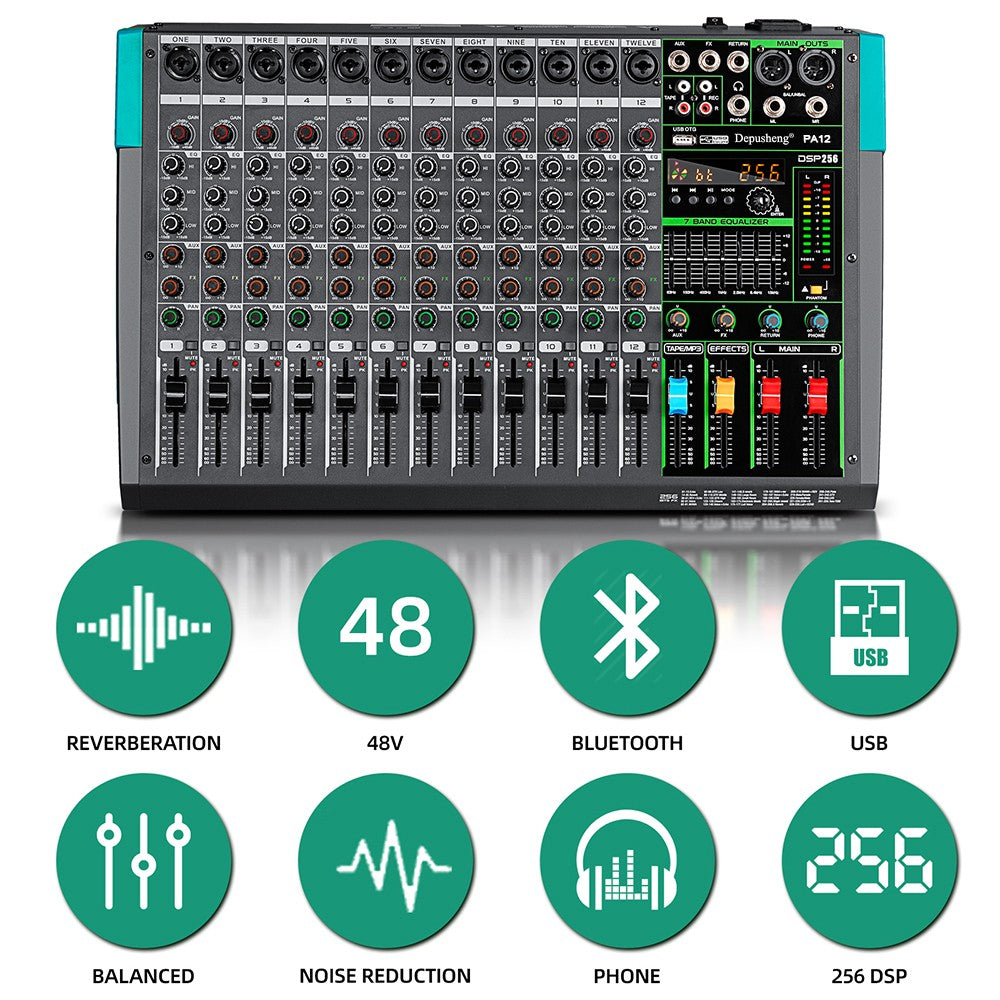 6/8/12/16 Channels Audio Sound Mixer Depusheng Mixing DJ Console USB 48V Phantom Power 256 DSP Effects Sound Table for stage