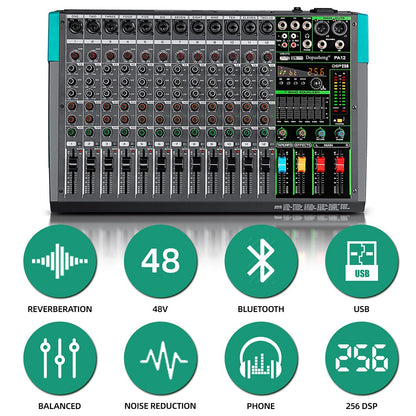 6/8/12/16 Channels Audio Sound Mixer Depusheng Mixing DJ Console USB 48V Phantom Power 256 DSP Effects Sound Table for stage