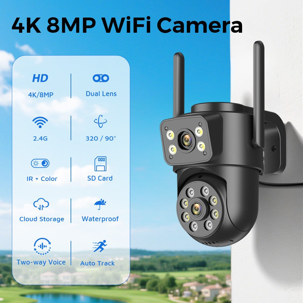 Wifi Camera Outdoor 8MP 4K Dual Lens Dual Screens Black Surveillance Camera Night Vision Human Detection Security Camera ICsee