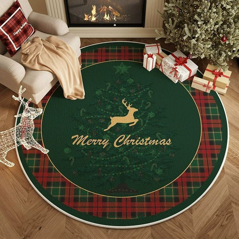 VIKAMA Christmas Winter Warm Round Rug For Living Room, Bedroom, Side Of Bed, Anti-Slip Hat Stand Pad, Holiday Home Decoration