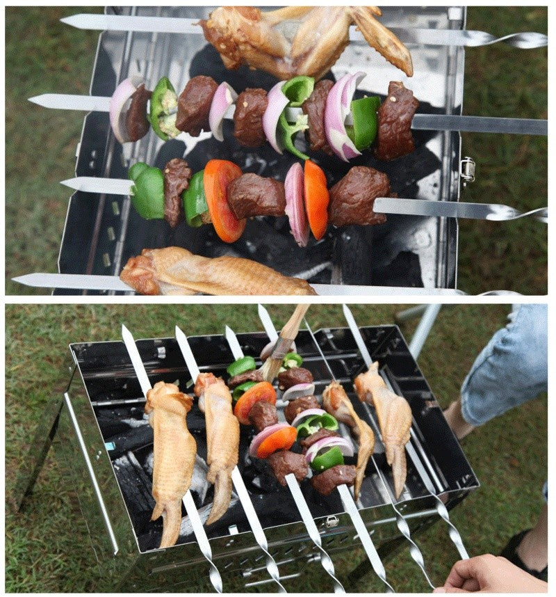 55cm Wood BBQ Fork BBQ Skewers Long Handle Kebab Barbecue Grill Sticks Reusable Stainless steel Outdoor Camping Grill Needle