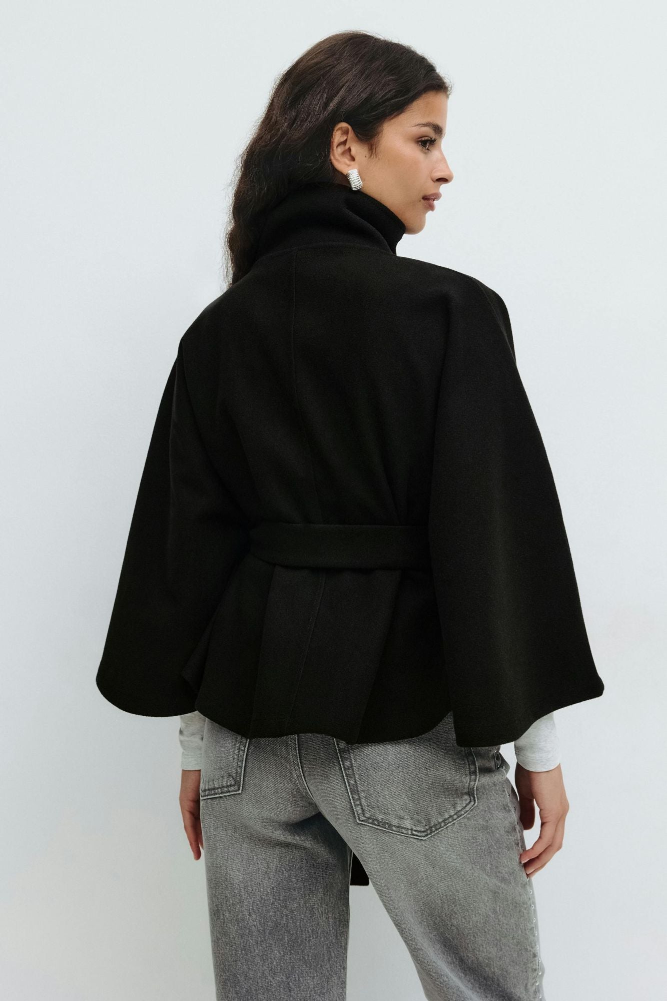 chic vintage cape jacket with belt stand neck single breasted loose coat loose flare sleeve coats early lady autumn Y2K outwears