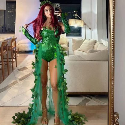 Sexy Halloween Costume Dress Adult Leaf Sequin Dance Dress Mini Skirt V-Neck Sleeveless Polyester Fiber Empire Waistline