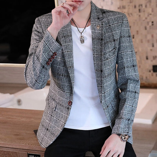 Men's casual plaid suit jacket, fashionable and versatile slim-fitting top, stylish plaid suit