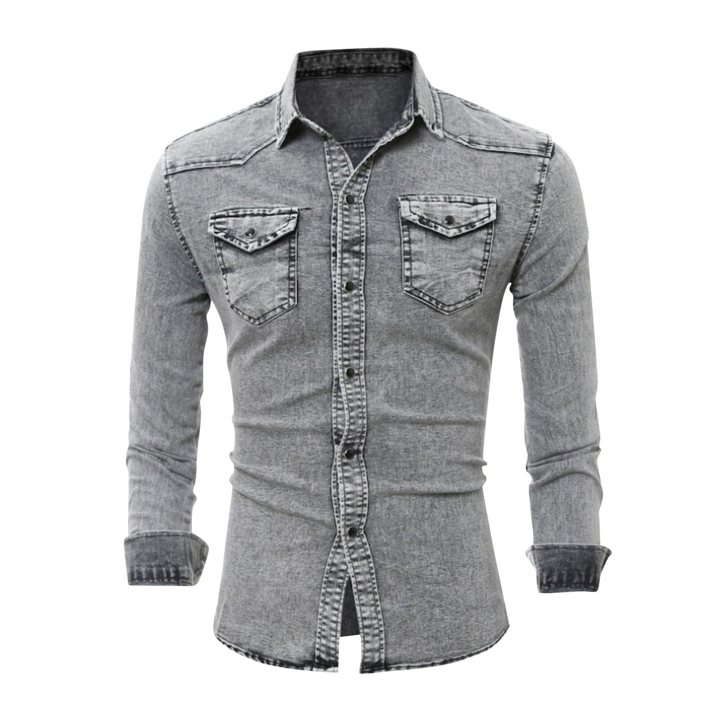 Men'S Autumn Fashion Clothing Casual Fashion Long Sleeve Lapel Shirts Solid Color Denim Washed Shirt Men'S Tops