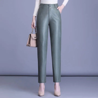 2023 Spring Autumn Sheepskin Pants Women High-waist Straight Pants Slim Lady Genuine Leather Casual Trousers Ankle-Length Pants