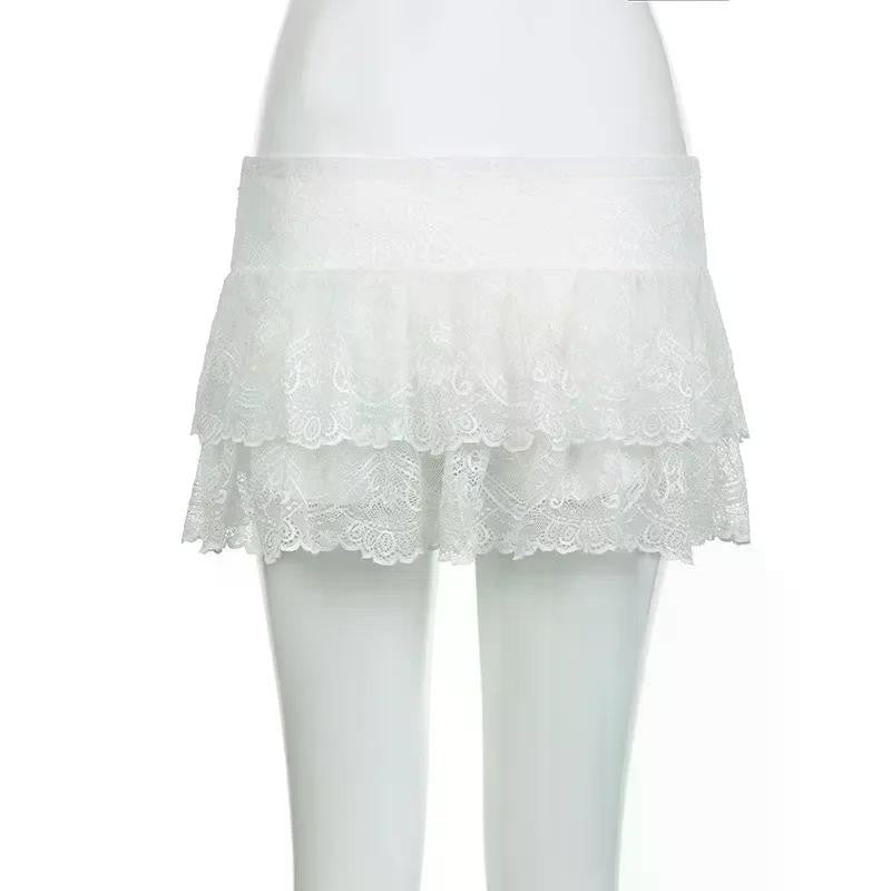 Lace Tulle Skirt A-line Miniskirt Black Solid Low Waist Tiered Lace Shorts Skirts Womens White Fairycore Micro Boho Skirt
