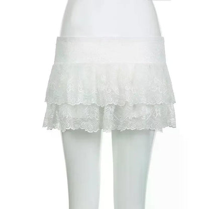 Lace Tulle Skirt A-line Miniskirt Black Solid Low Waist Tiered Lace Shorts Skirts Womens White Fairycore Micro Boho Skirt