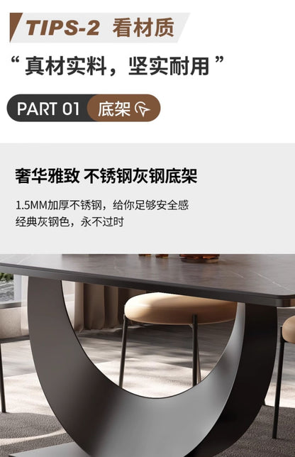 Modern Rectangle Minimalist Rock Slab Restaurant Dining Table And Chairs Stainless Steel Frame Leather Dining Chair Italian