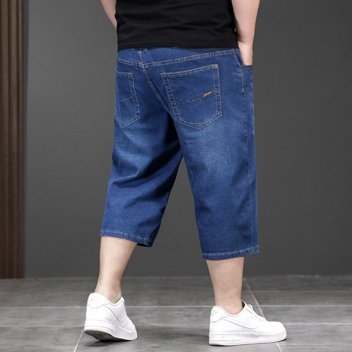 New Big Size Long Length Men's Shorts Loose Stretch Jean Bermuda Male Thin 3/4 Capris Summer Light Large Plus Fat Denim Breeches