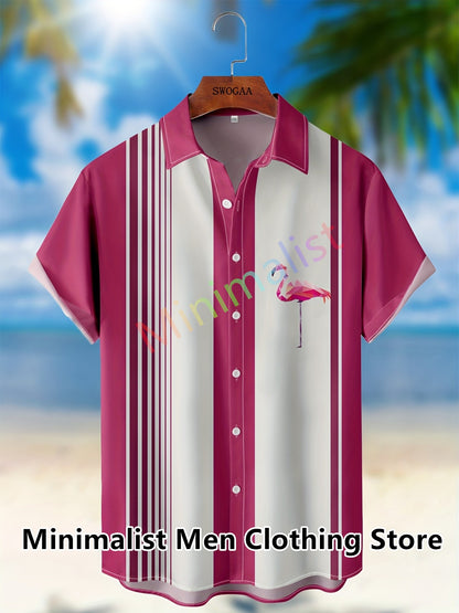 2023 Leaf and Flamingo Print Shirt For Men Hawaiian Shirt Casual Beach Short Sleeve Fashion Tops Male Blouse Summer Clothing