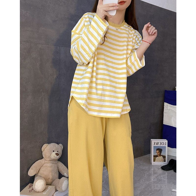 Women's Fall Pajamas with Chest Pads Striped Long Sleeve Plus Size O-Neck Simple Casual Fashion Korean School Pajamas Homewear