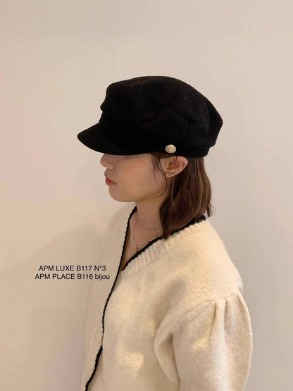 Korean Blogger Same Style Metal Button Autumn Winter Maillard Duck Bill Hat Woolen Newsboy Cap Eight Panel Hat for Women