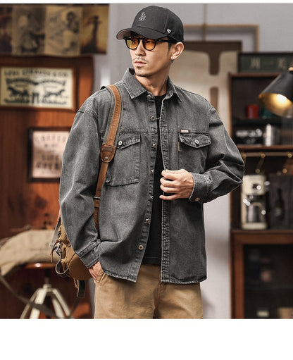 Men's Heavyweight Washed Salt-Faded Long Sleeve Denim Shirt Japanese Retro Loose Cargo Shirt Jackets Chest Pocket Man Outwear