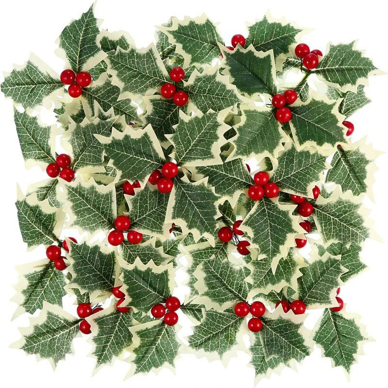 50/10Pcs Artificial Holly Berries With Green Leaves DIY Christmas Wreath Wedding Flower Gifts Xmas New Year Festival Decorations