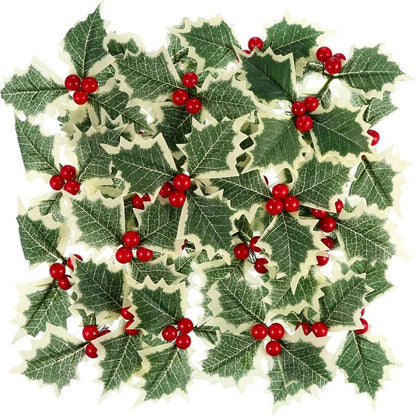 50/10Pcs Artificial Holly Berries With Green Leaves DIY Christmas Wreath Wedding Flower Gifts Xmas New Year Festival Decorations