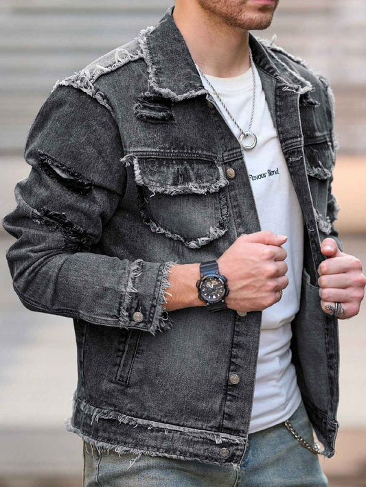 1Pc Men's Four Seasons Destroyed Stone Washed Light Jacket Daily American Street Casual Denim Jacket (No Hood/No Accessories)