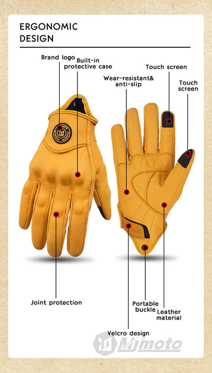 Luvas de Couro Amarelas Retrô para Motocicleta Masculinas Femininas Respiráveis Perfuradas Luvas de Corrida de Moto com Tela Sensível ao Toque para Motocross Moto