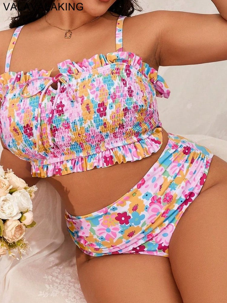2025 Print 2 Piece Plus Size Bikini Women Verge Strapped Large Swimsuit High Waist Lady Swimwear Beach Chubby Curvy Bathing Suit