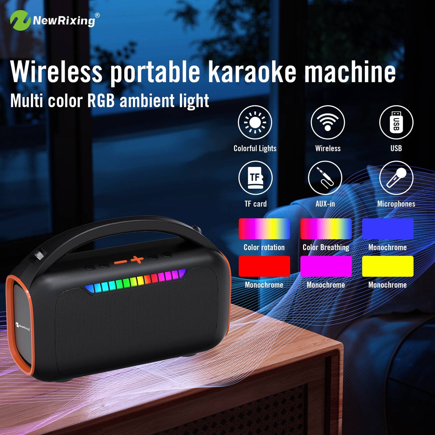 Máquina de Karaokê com 2 microfones, sistema de karaokê portátil, luz RGB, 30W, conexão automática ao ligar, para BT5.3/USB/TF/AUX
