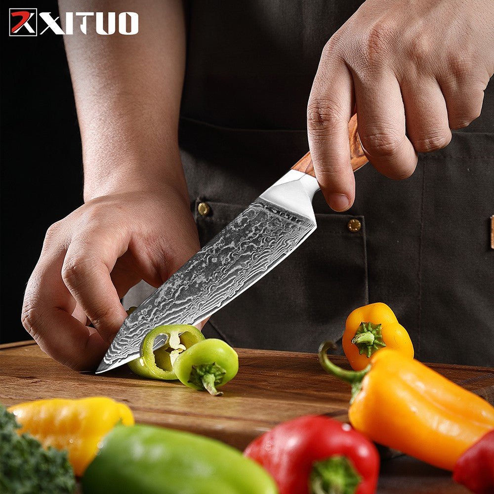 Conjunto de Facas de Cozinha Profissionais em Aço Damasco 1-8 Peças Faca Chef, Santoku, Cutelo, Pão, Desossar e Utilitárias - Afiadas como Navalha