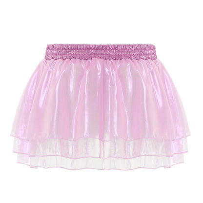 Womens Tiered A-line Pleated Short Skirt Shiny Glitter Skirt for Rave Festival Pole Dance Bar Party Skirt Night Club Costume