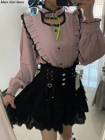 Japanese Lolita Lace Layered Skirt Women Anime High Waist Maid Style Sweet Ruffle Cake Skirt Kawaii Harajuku A-Line Mini Skirt