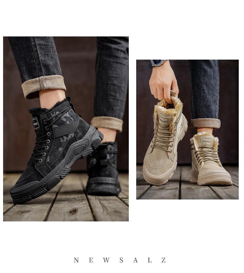 Winter Fleece Warm High-top Men's Shoes Trendy Casual Outdoor Solid Color Mid-top Fashionable Round Toe Plus-size Snow Boots