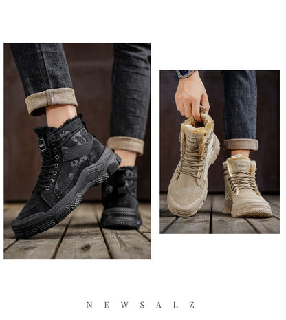 Winter Fleece Warm High-top Men's Shoes Trendy Casual Outdoor Solid Color Mid-top Fashionable Round Toe Plus-size Snow Boots