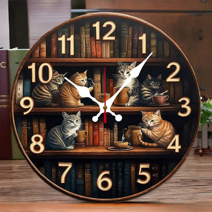 Bookshelf With Cats Wooden Round Silent Hanging Wall Clock, Suitable For Living Room, Office,Study Room,Bedroom, Home Decoration