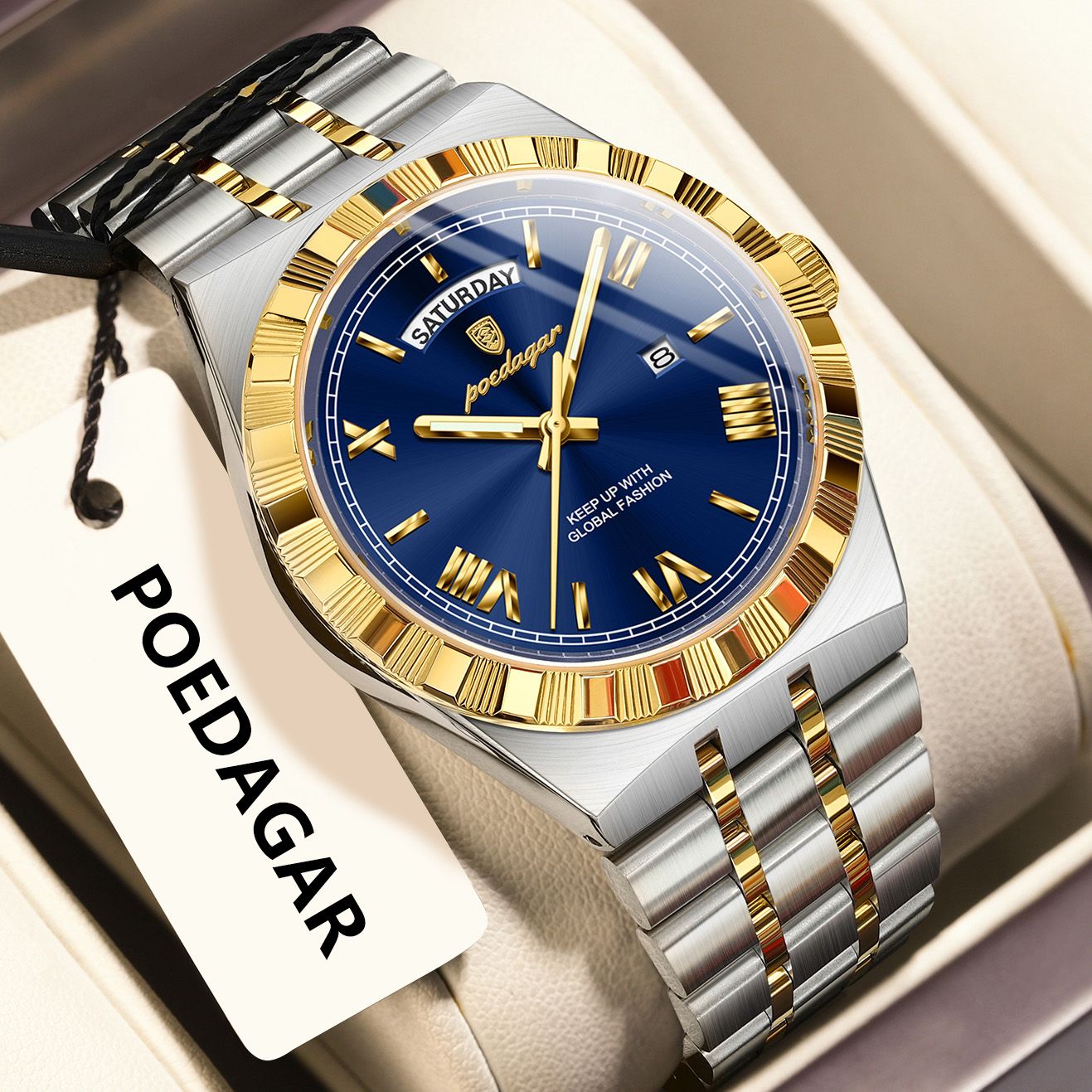 POEDAGAR Luxury Business Man Watch Week Date Waterproof Luminous Watches For Men Stainless Steel Quartz Fashion Men's Wristwatch