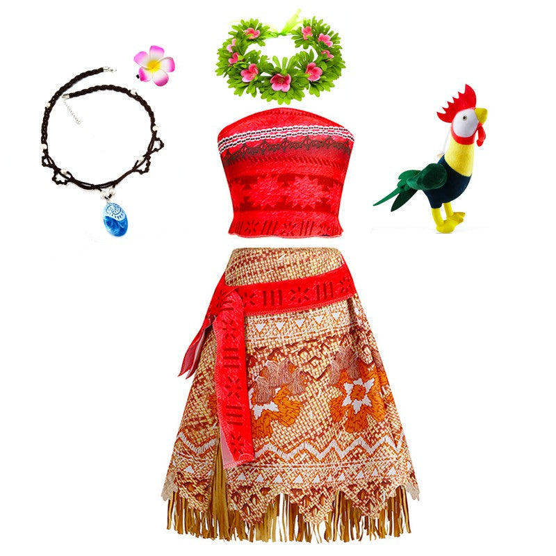 Disney Moana Dress for Kids Girls Princess Vaiana Cosplay Carnival Children Birthday Party Headwear Necklace Pet Pig Chicken Set