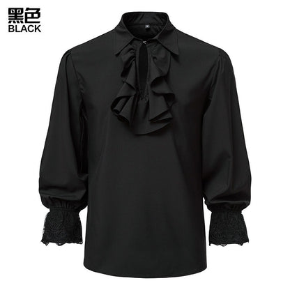Men Steampunk Ruffle Shirt Long Sleeve Lace Cuff Medieval Victorian Halloween Costume Tops