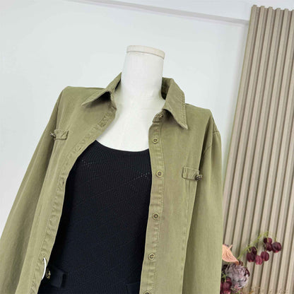 Vintage Distressed Denim Shirt Women's Top Shoulder Flip Collar Long Sleeve V-neck Coat Autumn Initial Old Money Style