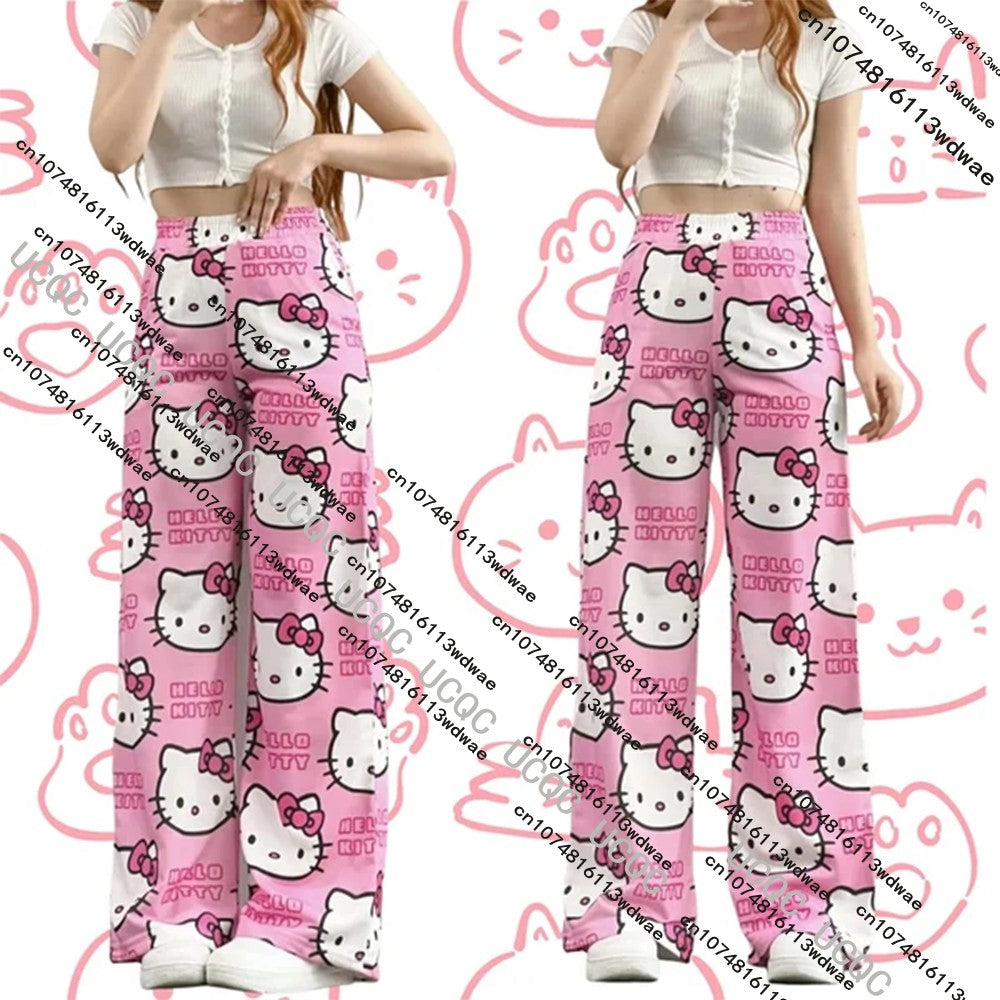 HOT SALE 2025 Hello Kitty Girls Pajamas Cartoon Y2K Print Street Dance Trousers Women Casual Couple Home Graffiti Pajamas Pants